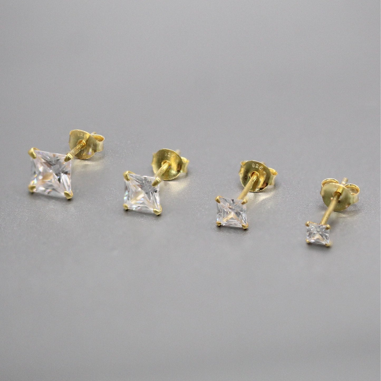 Gold Plated Square Clear CZ Ear Studs 3 - 6mm