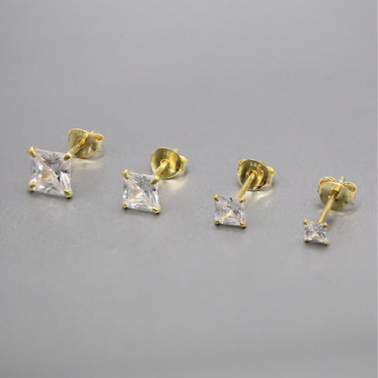 Gold Plated Square Clear CZ Ear Studs 3 - 6mm