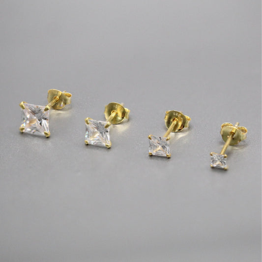 Gold Plated Square Clear CZ Ear Studs 3 - 6mm