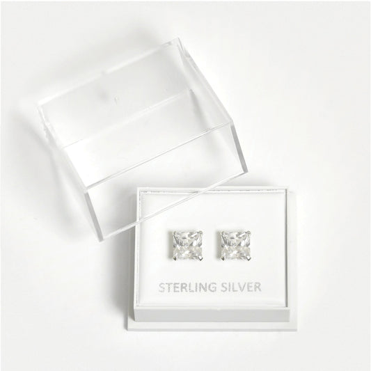 Boxed Silver Square Clear CZ Studs - 8mm