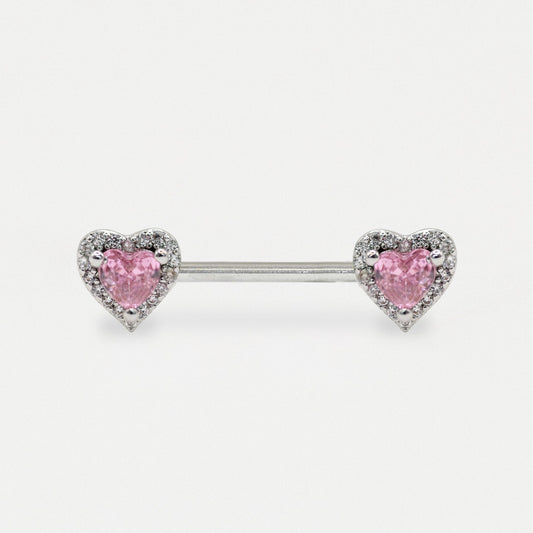 Steel Pink Heart Crystal Nipple Bar