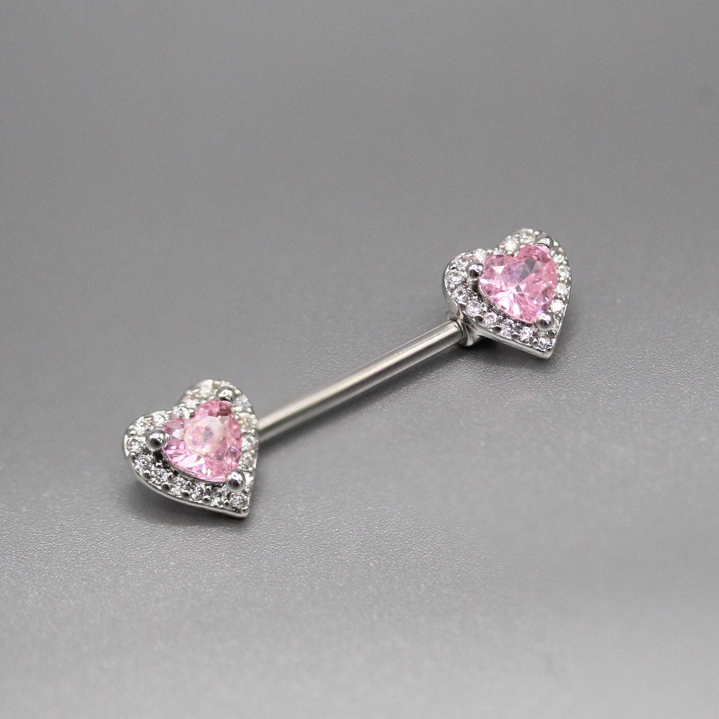 Steel Pink Heart Crystal Nipple Bar