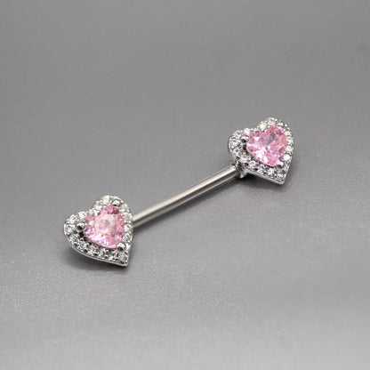 Steel Pink Heart Crystal Nipple Bar