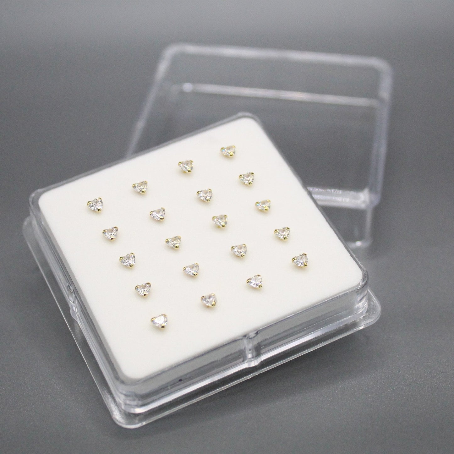 Gold Plated Silver Clear Clawset Heart Nose Pins - 3mm