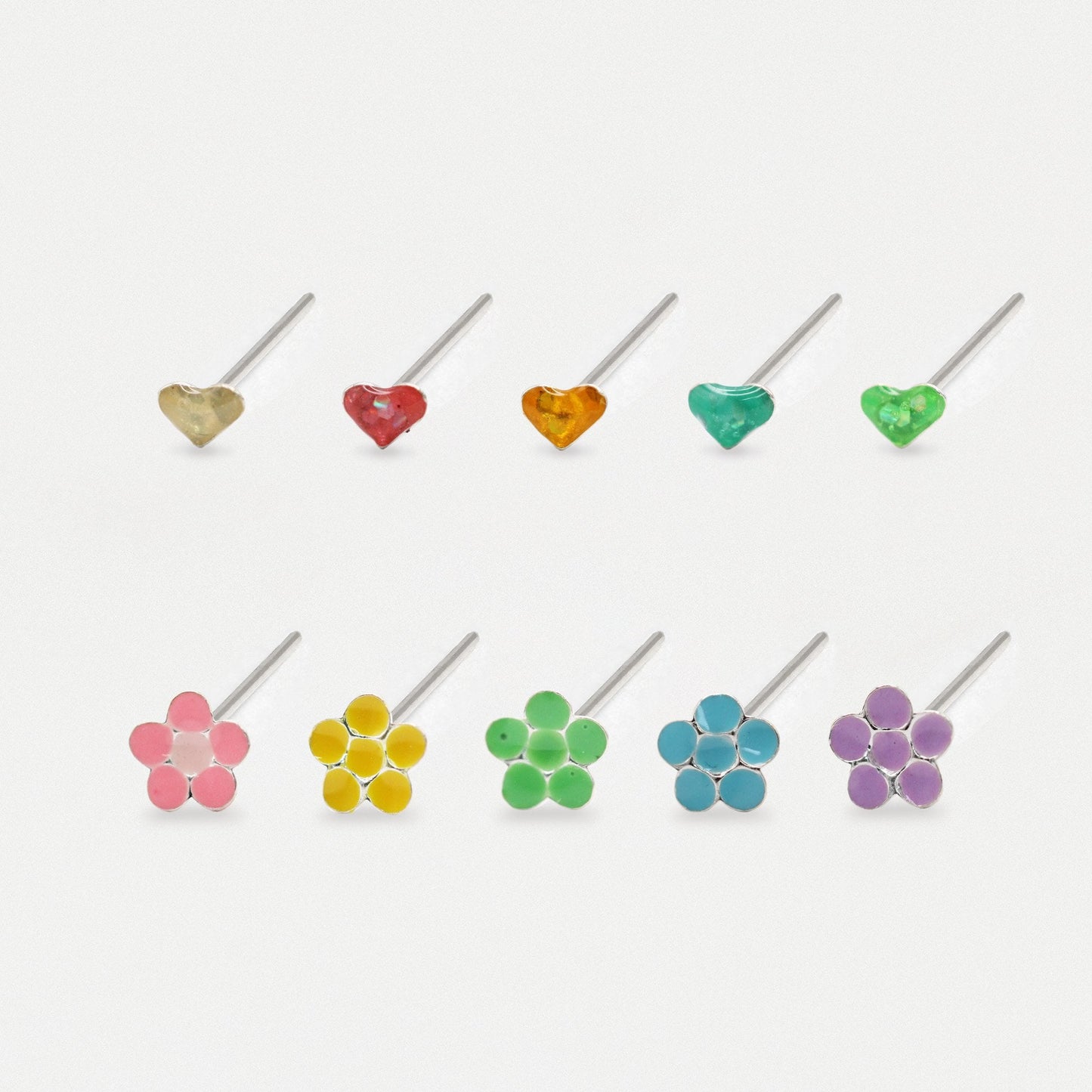 Silver Rainbow Hearts & Flowers Nose Pins - Assorted Colours
