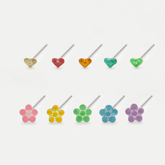 Silver Rainbow Hearts & Flowers Nose Pins - Assorted Colours