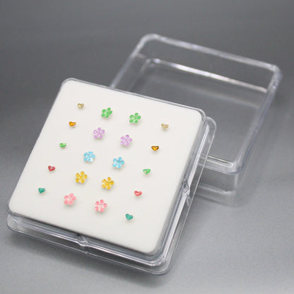 Silver Rainbow Hearts & Flowers Nose Pins - Assorted Colours