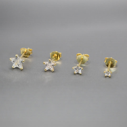 Gold Plated Star Clear CZ Ear Studs 3mm - 6mm