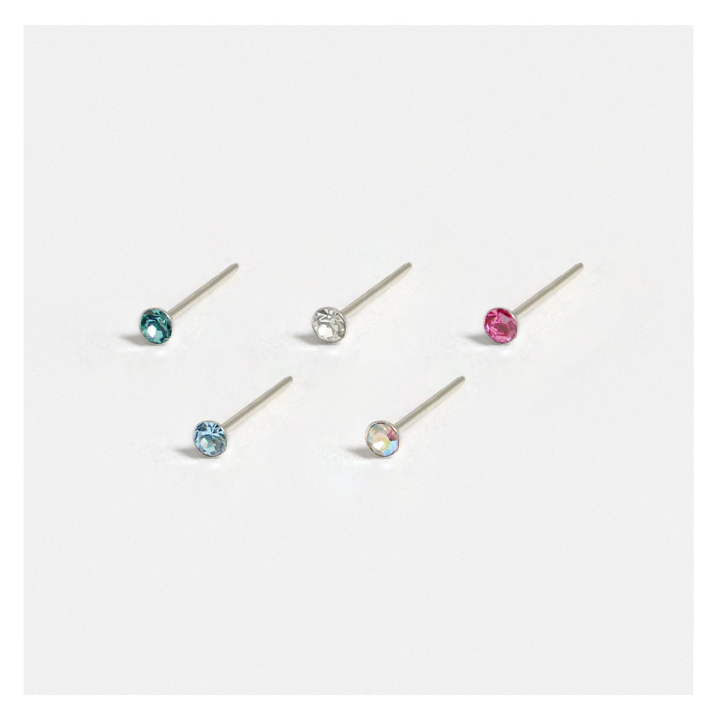 Silver Crystal Gemset Nose Pins - 1mm, Assorted Colours