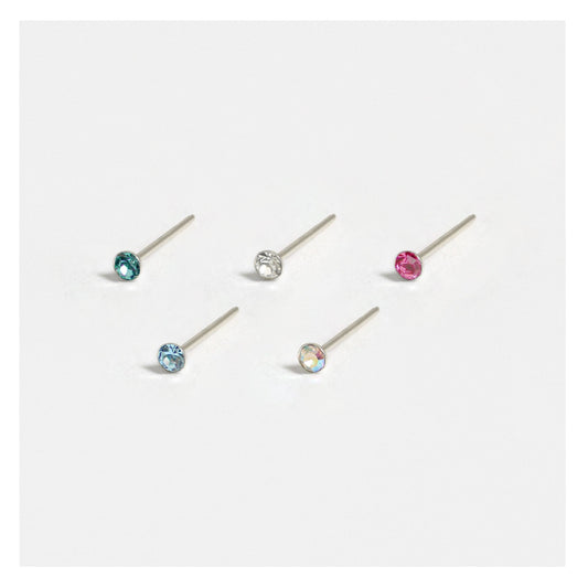 Silver Crystal Gemset Nose Pins - 1mm, Assorted Colours