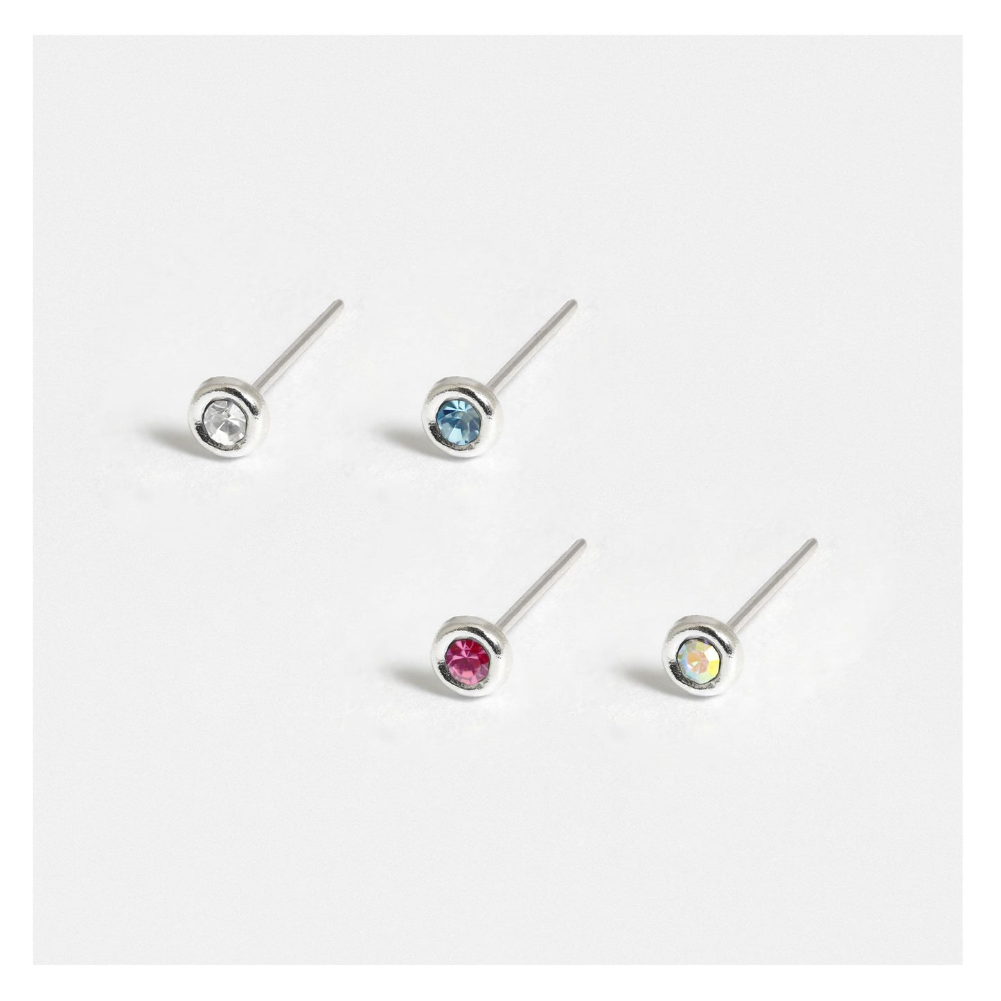 Silver Round Bezel Set Nose Pins - 3mm, Assorted Colours