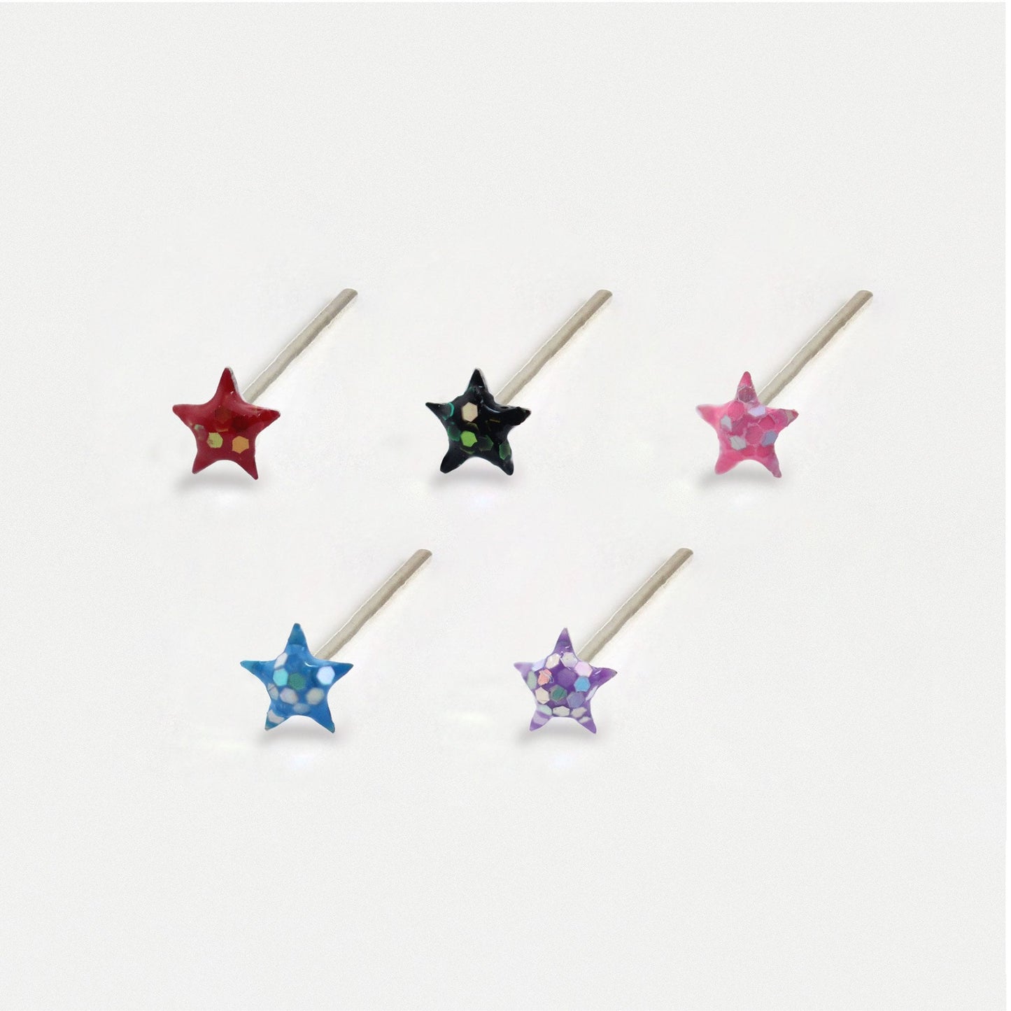 Silver Glitter Star Nose Pins - 2.5mm, Assorted Colours