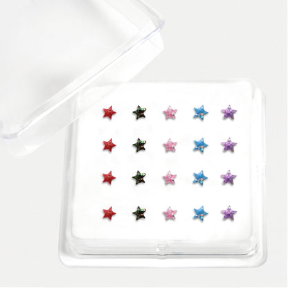 Silver Glitter Star Nose Pins - 2.5mm, Assorted Colours