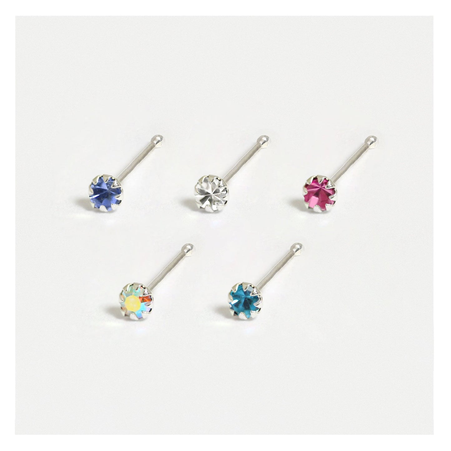 Silver Round Claw Set Nose Pins - 2mm, Bobble Back, Assorted Colours