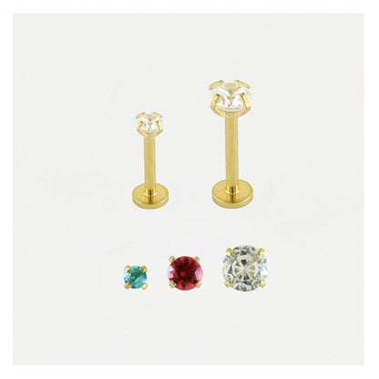 Gold PVD Steel Clawset Jewelled Round Labret - 1.2mm - Internally Threaded - Multi-Size Gem Tops