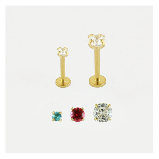 Gold PVD Steel Clawset Jewelled Round Labret - 1.2mm - Internally Threaded - Multi-Size Gem Tops