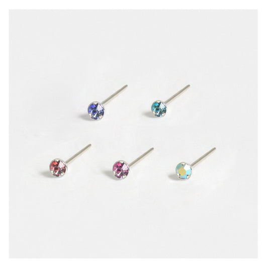 Silver Round Crystal Nose Stud - 2mm, Assorted Colours