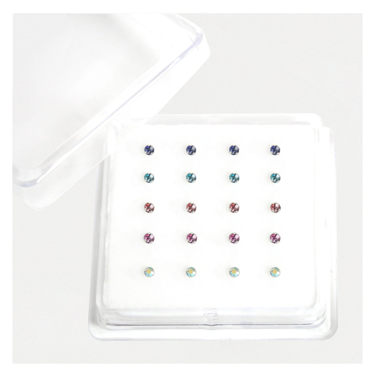 Silver Round Crystal Nose Stud - 2mm, Assorted Colours