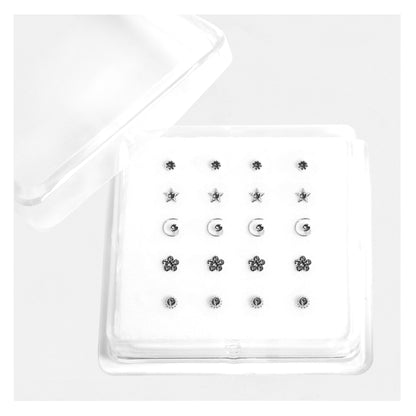 Silver Gemset Nose Pins - Mixed Designs, Straight or Bobble Back (Single Colour Boxes)
