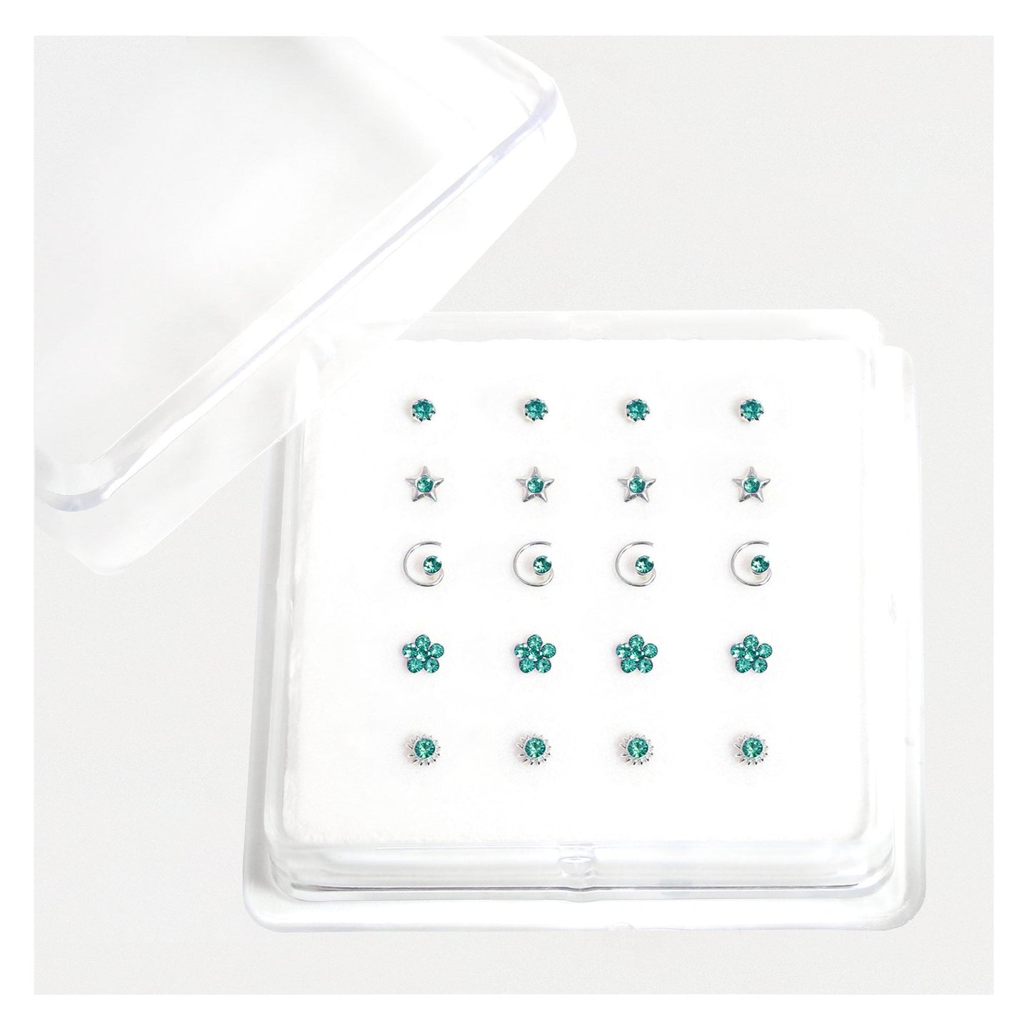 Silver Gemset Nose Pins - Mixed Designs, Straight or Bobble Back (Single Colour Boxes)
