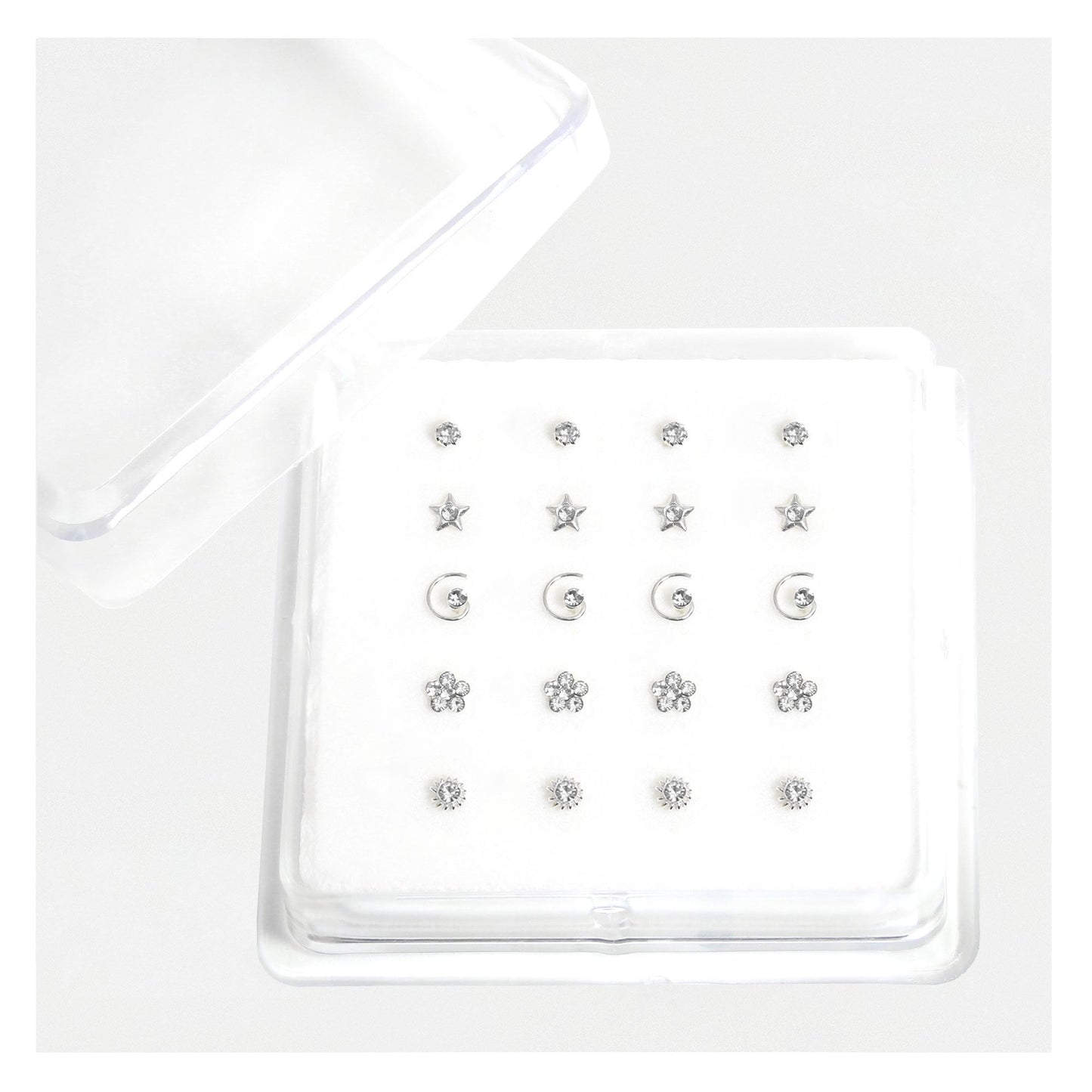 Silver Gemset Nose Pins - Mixed Designs, Straight or Bobble Back (Single Colour Boxes)