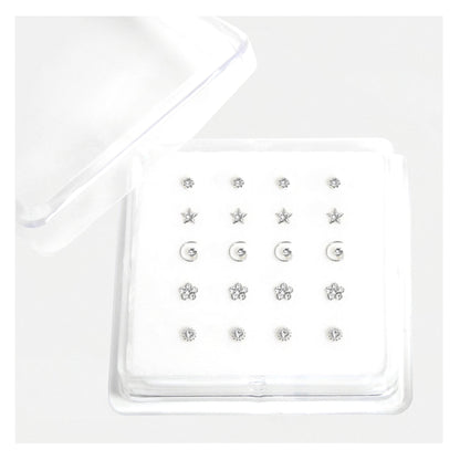 Silver Gemset Nose Pins - Mixed Designs, Straight or Bobble Back (Single Colour Boxes)