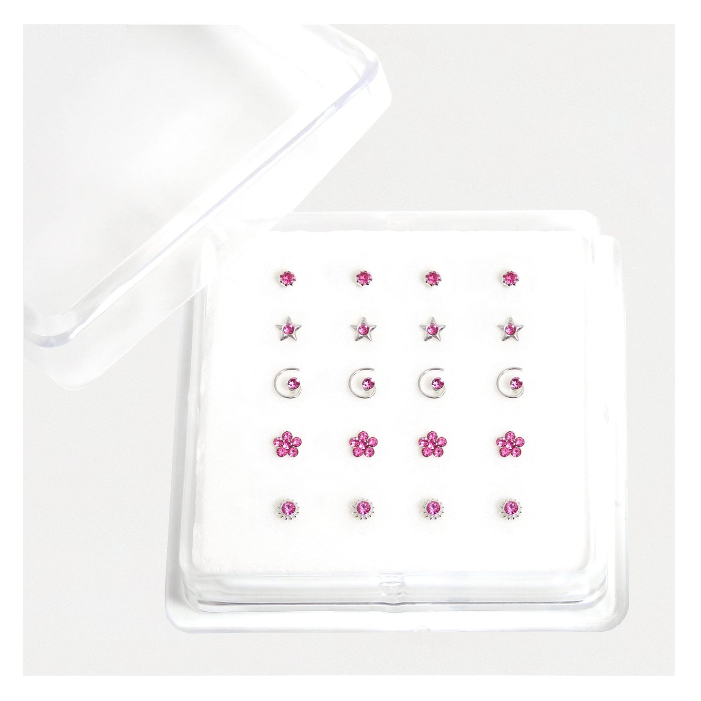 Silver Gemset Nose Pins - Mixed Designs, Straight or Bobble Back (Single Colour Boxes)