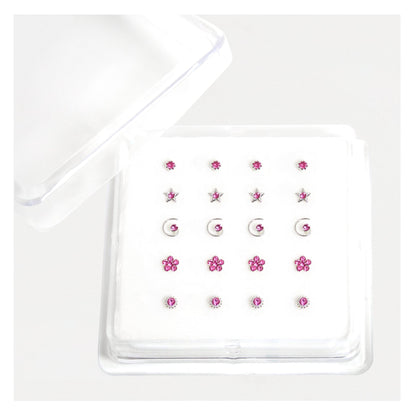 Silver Gemset Nose Pins - Mixed Designs, Straight or Bobble Back (Single Colour Boxes)