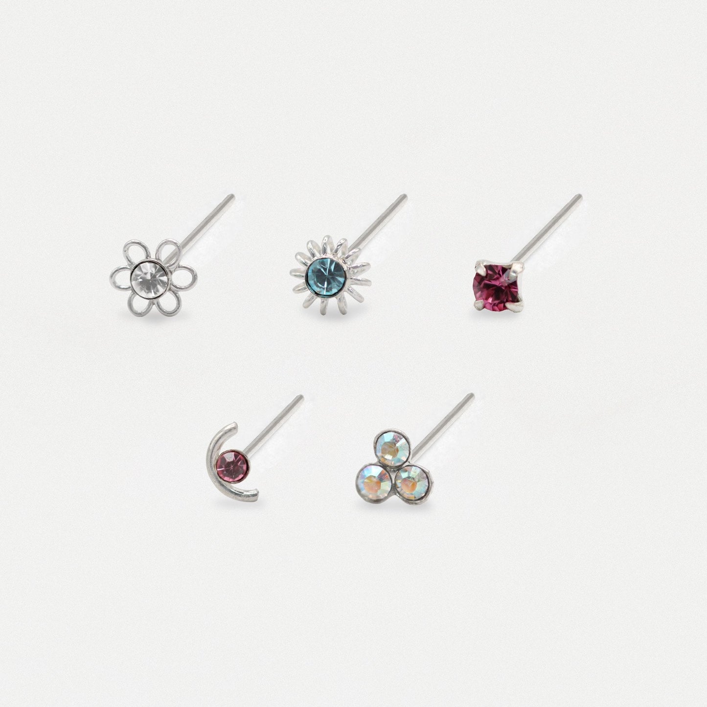 Silver Sparkle Treasure Nose Pins - Mixed Designs, Assorted Colours