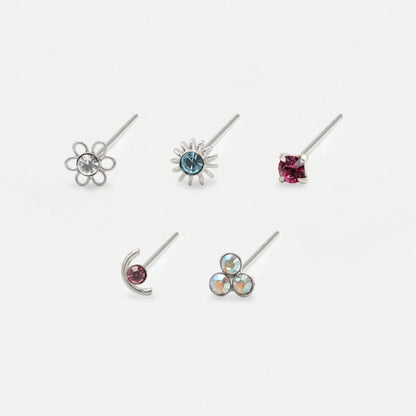Silver Sparkle Treasure Nose Pins - Mixed Designs, Assorted Colours