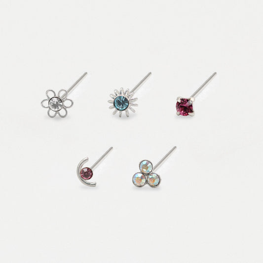 Silver Sparkle Treasure Nose Pins - Mixed Designs, Assorted Colours
