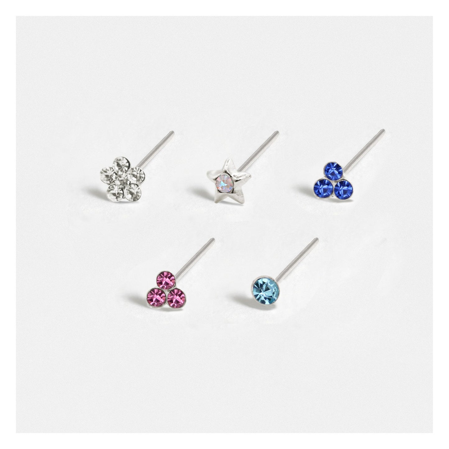 Silver Brilliant Burst Nose Pins - Mixed Designs, Assorted Colours