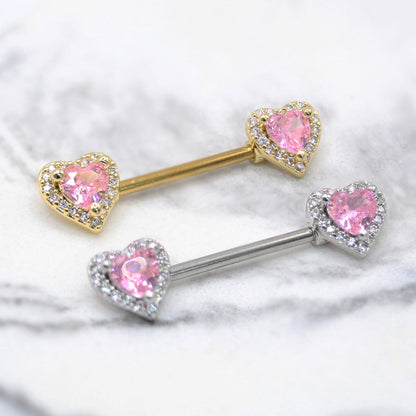 Steel Pink Heart Crystal Nipple Bar