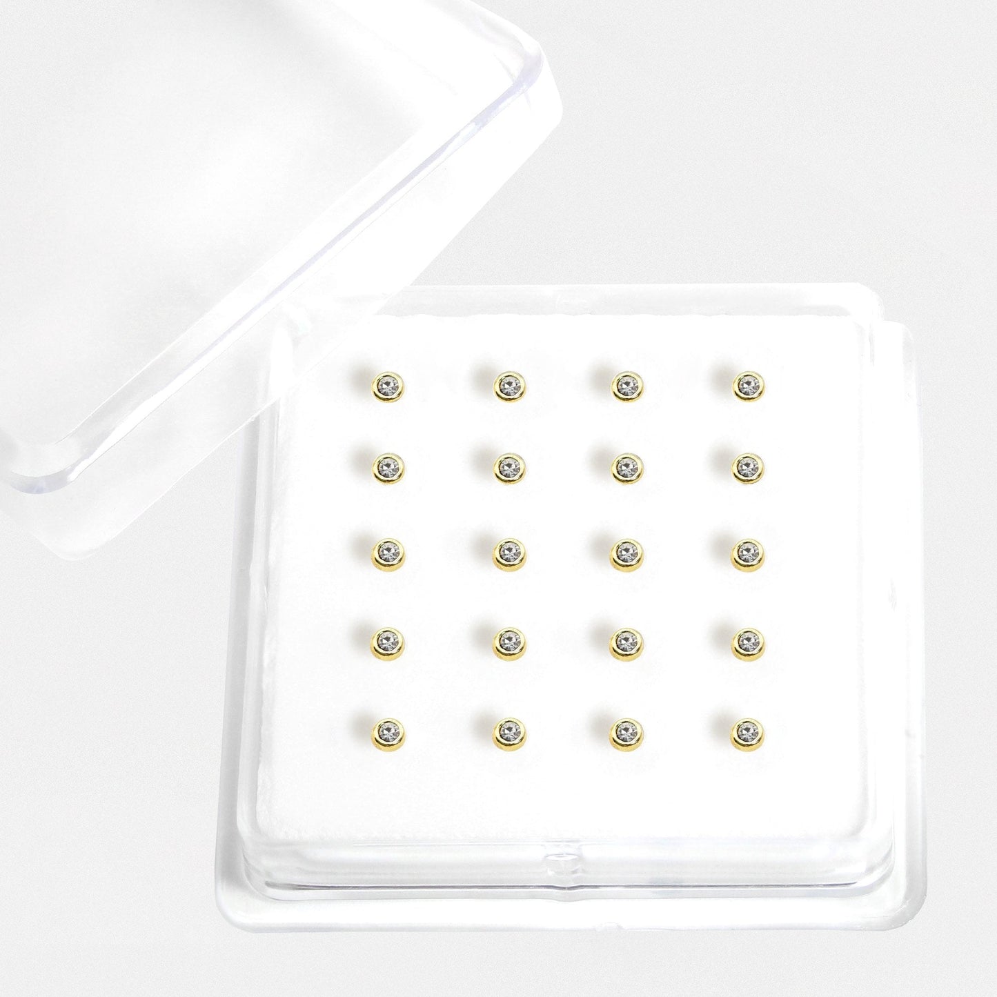 Gold Plated Silver Round Clear Crystal Bezel Set Nose Pins - 3mm