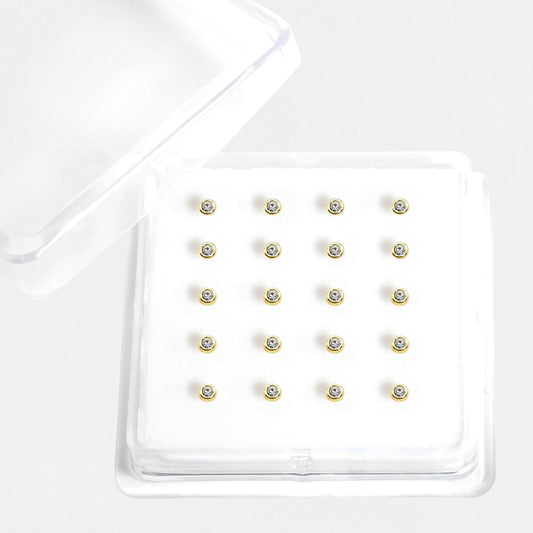 Gold Plated Silver Round Clear Crystal Bezel Set Nose Pins - 3mm