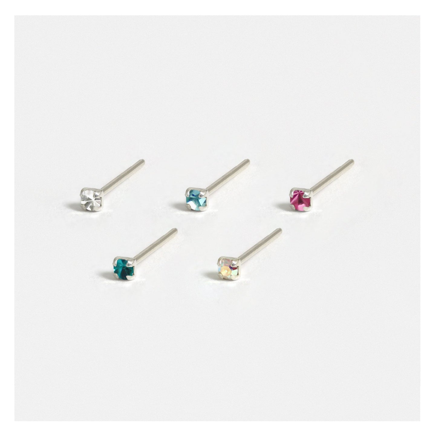 Silver Round Crystal Nose Pins - 1mm, Assorted Colours