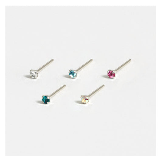 Silver Round Crystal Nose Pins - 1mm, Assorted Colours