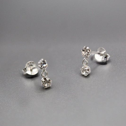 Silver Duo Crystal Gem Drop Ear Studs