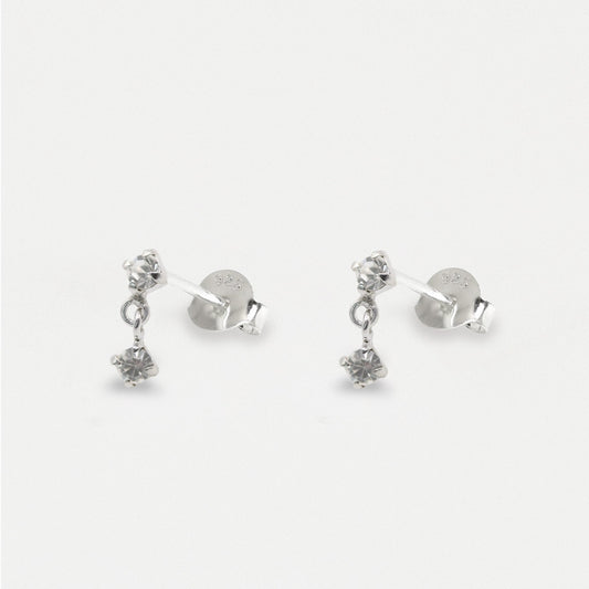 Silver Duo Crystal Gem Drop Ear Studs