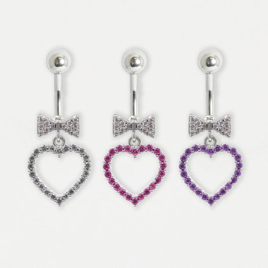 Steel Sweetheart Bow and Heart Dangle Belly Bar