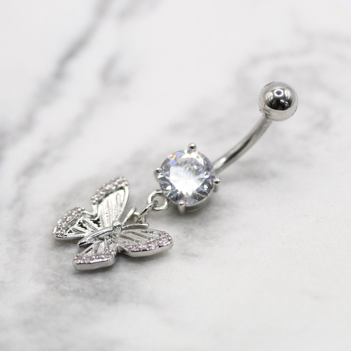 Steel Crystal Butterfly Drop Navel Bar