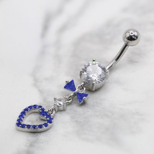 Steel Diamond Bow Heart Navel Bar