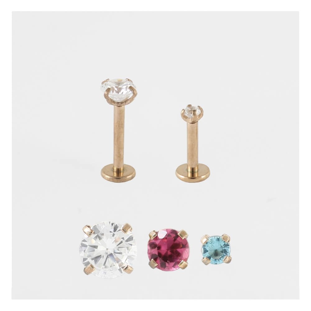 Rose Gold PVD Steel Clawset Jewelled Round Labret - 1.2mm - Internally Threaded - Multi-Size Gem Tops