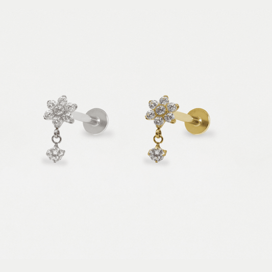 Flower Labret with Crystal Charm Drop
