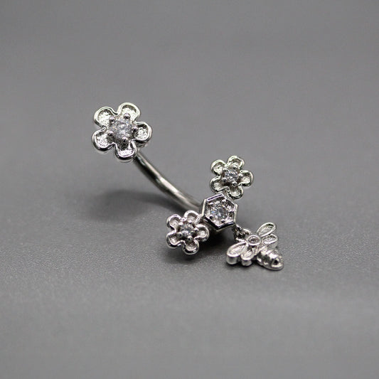 Steel Floral & Honey Bee Dangle Belly Bar