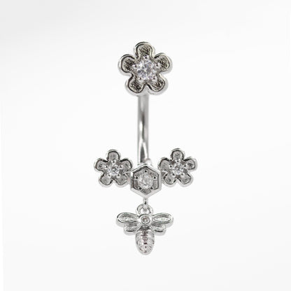 Steel Floral & Honey Bee Dangle Belly Bar