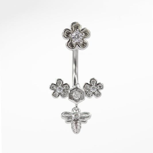 Steel Floral & Honey Bee Dangle Belly Bar