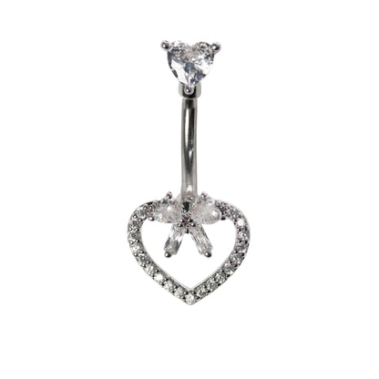 Steel Crystal Heart with Bow Detail Navel Bar
