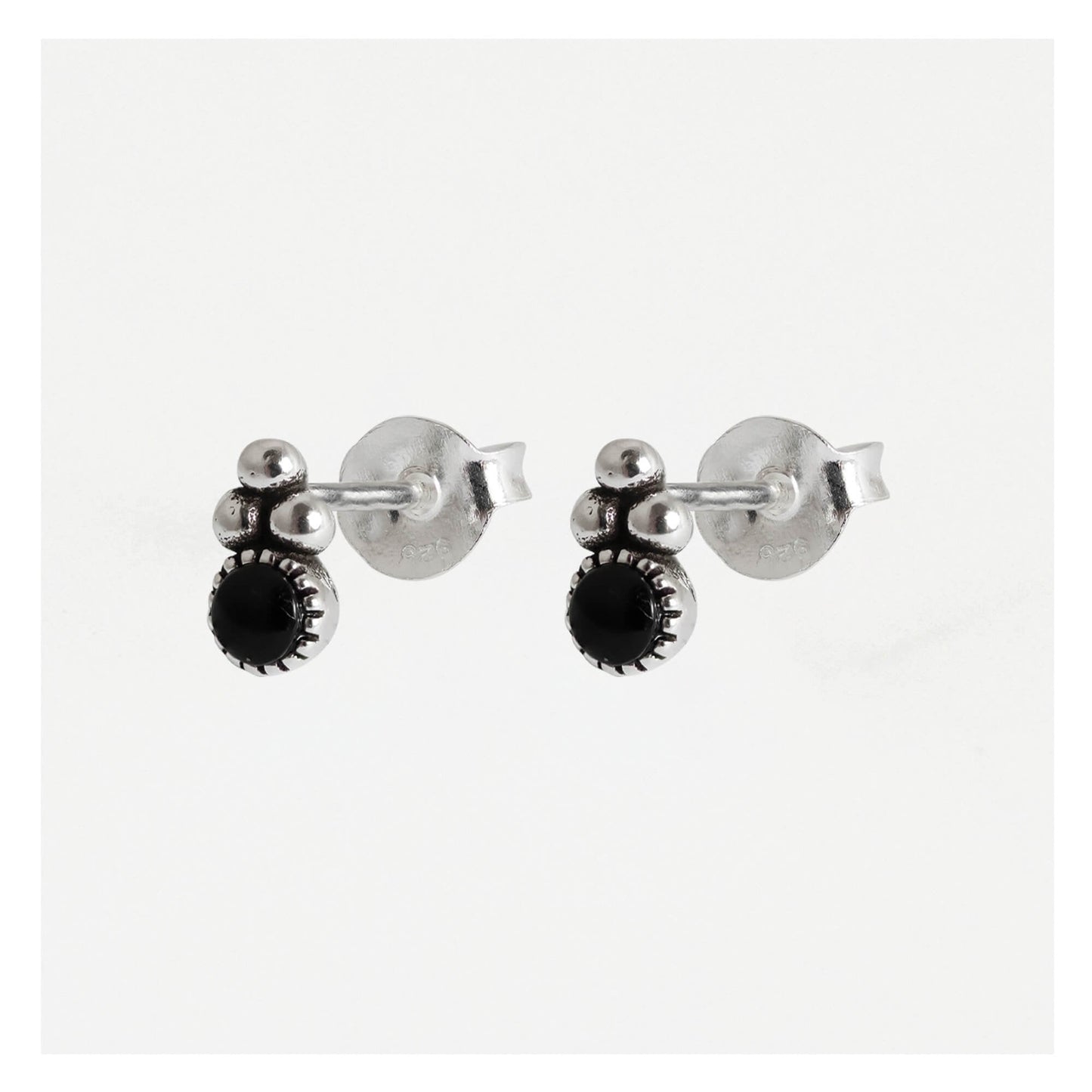 Silver Black Onyx Triple Bead Stud Earrings