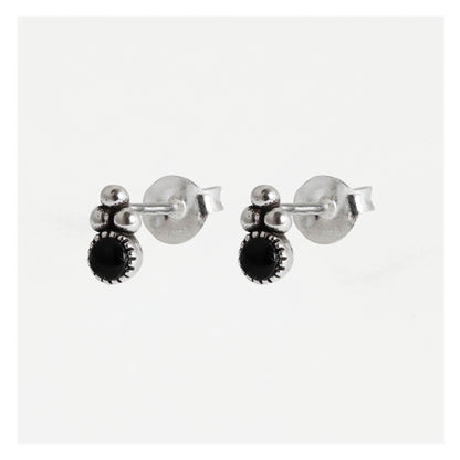 Silver Black Onyx Triple Bead Stud Earrings